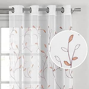 Creative Home Ideas Wavy Leaves, Embroidered Window Curtain with Grommets, Extra Wide Single Panel, 100% Polyester, Light Filtering, Sheer, Modern Drapes, 54" x 84", Coral
