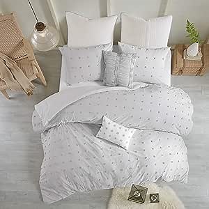 Intelligent Design Cotton Comforter Set - Jacquard Tufts Pompom Design All Season Bedding, Matching Shams, Decorative Pillows, Full/Queen (88 in x 92 in), Grey 7 Piece