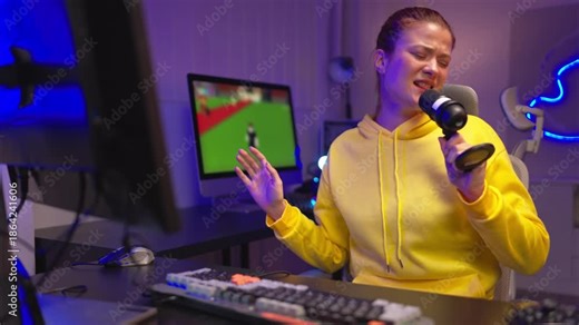 A content creator or streamer singing into a microphone while interacting with the computer screen. The neon-lit room and gaming equipment create a lively and creative streaming environment
