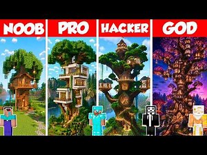 Tree House Build Battle Challenge - Noob vs Pro vs Hacker vs God - Minecraft Animation