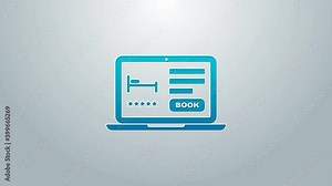 Blue line Online hotel booking icon isolated on grey background. Online booking design concept for laptop. 4K Video motion graphic animation