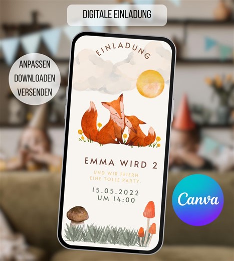 Ox Birthday Invitation Template – Woodland Kids Birthday Invite – Editable Canva Template – Digital Invitation – Animal Party - Fox - Etsy