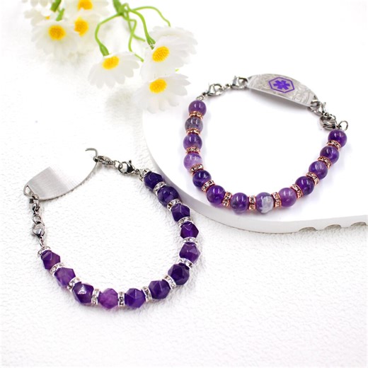 Women's Medical ID Bracelet, Purple Stone / Crystal Beads Stainless Steel Laser Engraved, Customized Waterproof Adjustable Amethyst Bracelet - Etsy