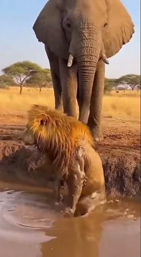 Lion & Elephant Face-Off in the African Savanna🦁🐘