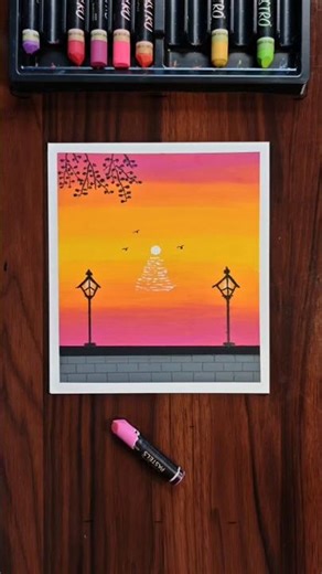 ✨Sunset Scenery & Street Lamp | Oil Pastel Art #Shorts #artshorts #acrylicpainting #oilpasteldrawing
