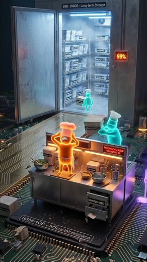 Ever wonder why your computer freezes when you open one too many tabs? 🤯💻 We often hear about "RAM" and "SSD," but what do they actually do? I found the perfect way to explain it using a kitchen! 👨‍🍳 The Chef (CPU): Doing the work, The Counter (RAM): The active workspace. It's fast, but small! 🧊 The Fridge (SSD): Long-term storage. Huge, but takes time to reach. Watch this short to see exactly what happens when your "counter" gets too cluttered. This is exactly what we do at In The Easy Way