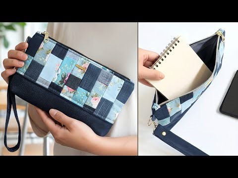 DIY Adorable Denim and Printed Fabric Patchwork Wristlet Bag | Bag Tutorial | Old Jeans Idea