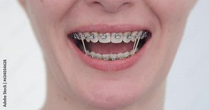 Smile with teeth braces bands, elastics, close up. Woman opening, closing mouth with elastics on orthodontic metal brackets. Dental tooth correction, treatment. Half cropped face on white background