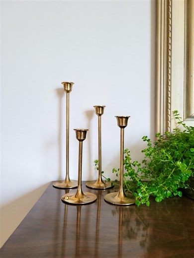 Vintage Brass Candlestick Set of 4 – Tall & Slim Mid Century Design - Etsy