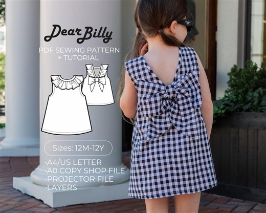 Open Back Bow Dress PDF Sewing Pattern | Ruffle Neckline, A-line 12M-12Y - Etsy