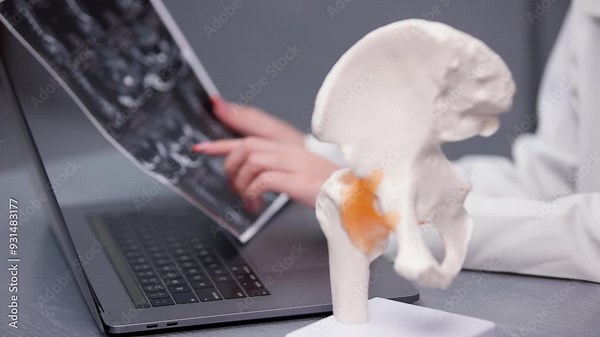 A doctor reviews a scan and an anatomical model of the pelvic floor while working on a computer, entering data and demonstrating advanced diagnostic techniques and thorough patient assessment.