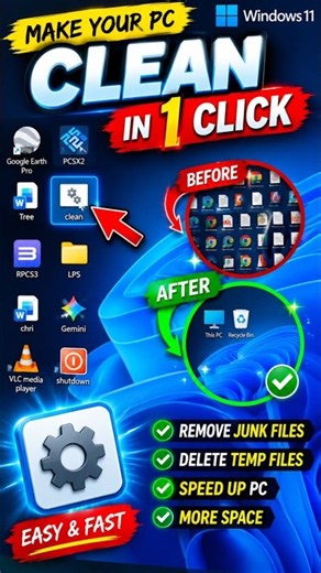 CLEAN PC IN 1 CLICK ⚡ | WINDOWS 11 PC CLEANUP #SHORTS