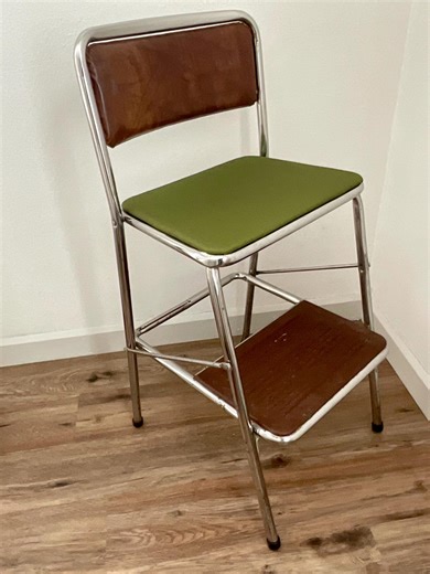 Vintage Cosco Style Stool/ Flip Seat Chair/step Ladder - Kitchen Stool - Chrome and Brown/green Vinyl - Etsy
