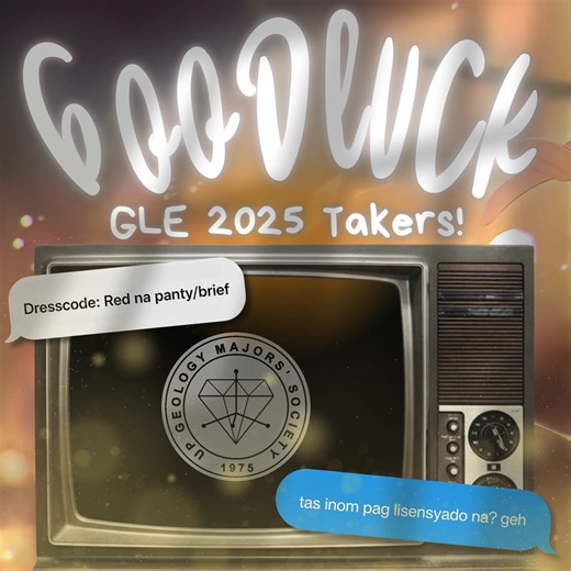 Wishing all Geology Licensure Exam 2025 takers the best of luck! The UP Geology Majors' Society is cheering you on — may your perseverance and grit guide you as you reach for your dreams. 𝗬𝗼𝘂’𝘃𝗲 𝗴𝗼𝘁 𝘁𝗵𝗶𝘀, 𝗳𝘂𝘁𝘂𝗿𝗲 𝗴𝗲𝗼𝗹𝗼𝗴𝗶𝘀𝘁𝘀! Love, UP GeMS 💎 | UP Geology Majors' Society