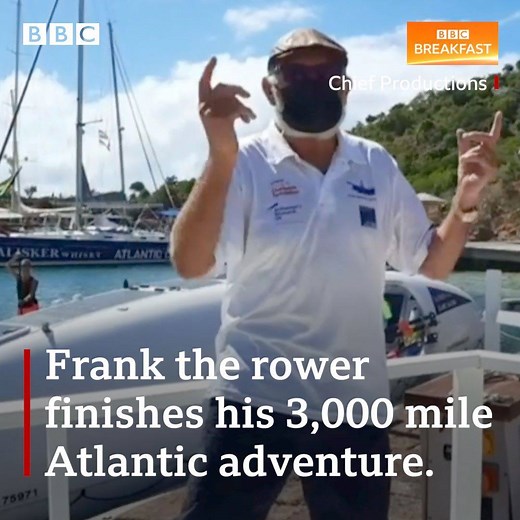 Frank has completed his epic 3,000 mile journey, rowing across the Atlantic Ocean. 🚣 After raising more than £700,000 for dementia research, he has been reunited with his wife Judith ⬇️ | BBC Breakfast