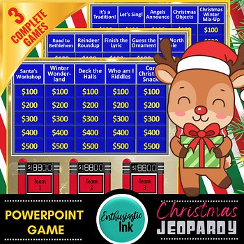 4-6th grade Christmas Jeopardy Powerpoint Game w/Scoring- 3 Games Included
