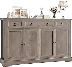 FINETONES Buffet Cabinet with Storage, 52.7" Large Sideboard Buffet Table, Ash Grey Kitchen Cabinet with 3 Drawers and 4 Doors, Wood Coffee Bar for Kitchen Dining Room, Ash Grey