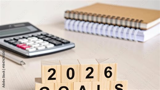 2026 block new year calendar wooden planning future concept time strategy beginning resolution transition change start inspiring workspace with calculator and notebook goals goal setting for personal