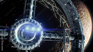 Mercury on backdrop. Spaceship flies into the door of giant space torus and flickers with engines lights, 3d animation. Texture of Planet was created in graphic editor without photos and other images.