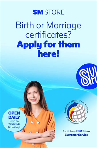 2K views | Need for any PSA documents? One -Stop application is available here at #SMStore San Pablo! Birth Certificate Marriage Certificate Cenomar Death Certificate You may file your PSA application at the SM Store Customer Service Counter. Apply for an easy and convenient way! #EverythingsHereAtSM | SM City San Pablo | Facebook