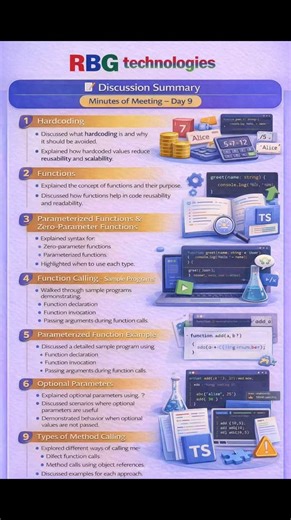 RBG technologies(Kukatpally) on Instagram: "📘 Discussion Summary – Day 9 💻 TypeScript Learning at RBG Technologies Today’s session was all about writing clean, reusable, and scalable code 🚀 🔹 Why hardcoding should be avoided 🔹 Understanding functions & their real purpose 🔹 Parameterized vs Zero-parameter functions 🔹 Function declaration & function calling 🔹 Passing arguments with clarity 🔹 Optional parameters and when to use them 🔹 Different types of method calling Every concept was ex