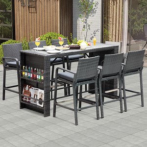 RADIATA 7-Piece Outdoor Bar Set, Patio High Top Table and Chairs with Stools, Bar Height Wicker Furniture for Backyard, Courtyard, and Poolside,Dark Gray
