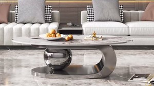 Exquisite Modern Oval Stone Coffee Table with Abstract Metal Base - Perfect Centerpiece for Stylish Living Rooms-Gray,51" Lx28 Wx16.5 H.…