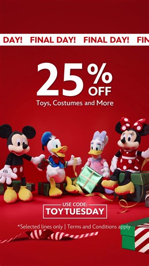 🚨FINAL DAY!🚨Last chance for up to 25% off toys, costumes and much more. Toy Tuesday ends midnight tonight! Plus, get ✨Free Delivery✨ today only using code SHIPMAGIC https://bit.ly/3YPXpNJ | Disney Store