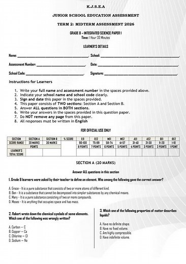 Grade 8 Integrated Science Paper 1 Mid Term 2 2026 Exam