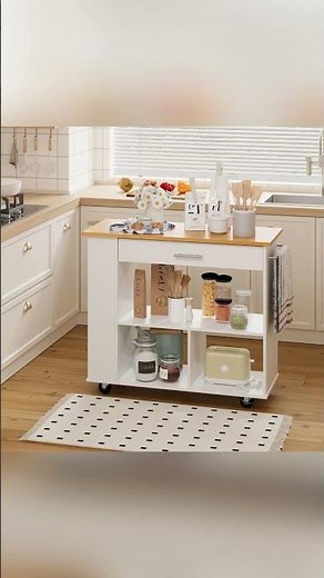 Small Kitchen Island on Wheels with 3-Tier Side Spice Rack and Rubber Wood Top