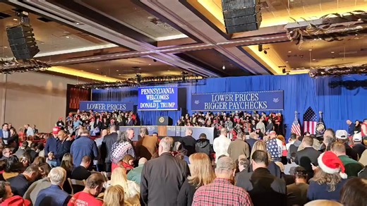 Waiting for President Donald J. Trump to arrive at Mount Airy in Mount Pocono, Pennsylvania. And yes, every seat was taken. The place was packed wall-to-wall, with more people trying to get in than the room could possibly hold. If you don’t believe it, ask someone who was there or better yet, watch the speech yourself. 12/9/2025. | Monroe County Republican Committee of PA