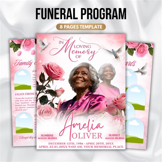Pink Rose Floral Funeral Program Template, 8-page Memorial (canva, PDF) - Etsy