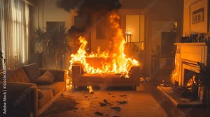 A Living Room Fire Disaster Scene Featuring a Couch Engulfed in Flames and Smoke