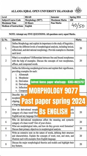 Bs English 9077 Morphology Past paper spring 2024 | Aiou code 9077 old paper 2024 | previous paper