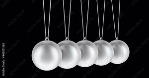 Pendulum in motion, animation of Newtons Cradle. Seamlessly loopable. 3D rendering isolated on transparent background