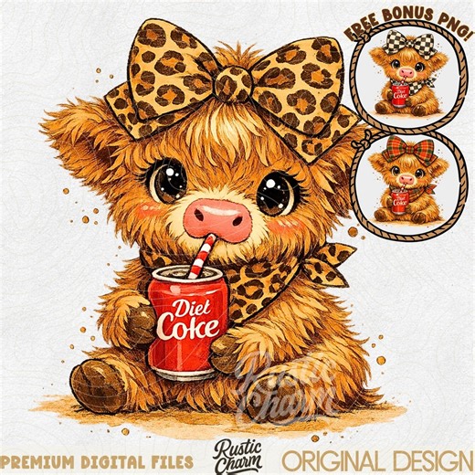 Highland Cow Aesthetic Diet Coke Lover PNG Bundle, Cute Southern Cowgirl Soda Can Sublimation, Cozy Farmhouse Cow Leopard Bow Clipart - Etsy