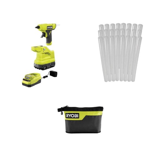 RYOBI ONE  18V Cordless Compact Glue Gun Kit with 1.5 Ah Battery, Charger, Mini Glue Sticks, and 12 in. Zipper Pouch (26-Pc) - The Home Depot