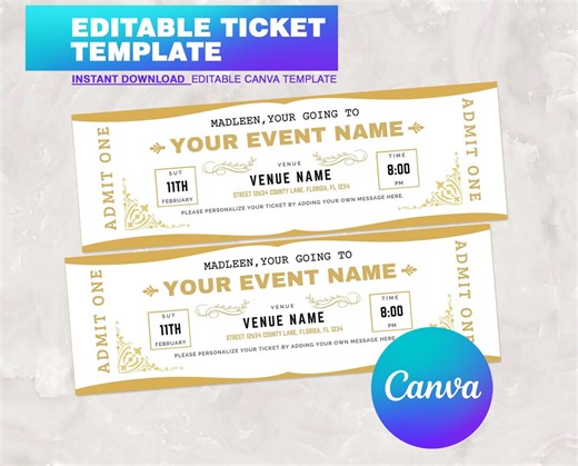 Printable Event Ticket Gold & White | DIY Event Ticket | Canva Template | Editable Concert Ticket Gift | Customizable Concert Ticket | - Etsy UK