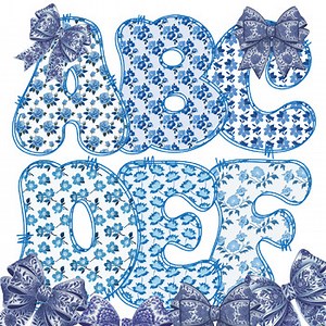 Groovy Blue Flower Chinoiserie Alphabet letter, number, bulletin board Bundle