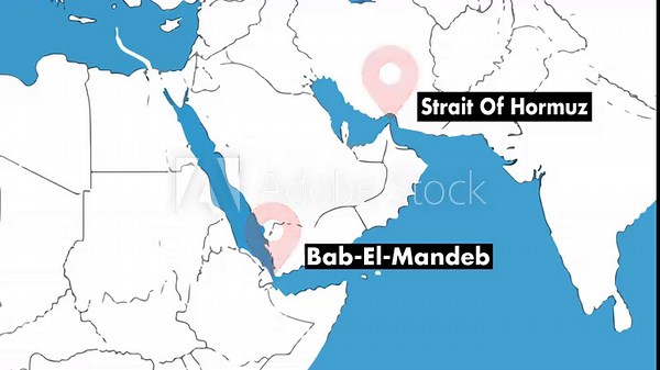 4K Animated vector map animation of the Middle East showing both the Strait of Hormuz and Bab el-Mandeb labeled with pulsing location icons