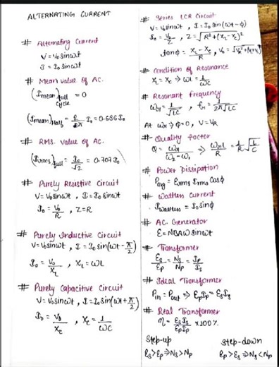 8/30 class 12th physics formula sheet of chapter alternating current #handwrittennotes#competitive