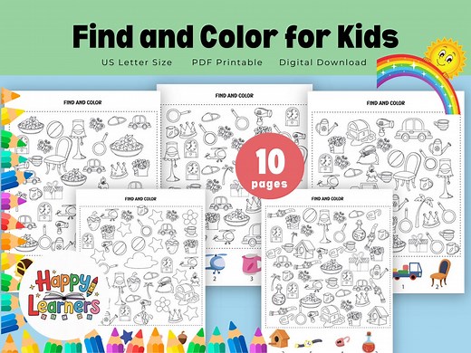 Find and Color for Kids, 10 Hidden Object Coloring Pages, Printable Seek and Find Activity Book, Preschool & Kindergarten PDF Download - Etsy