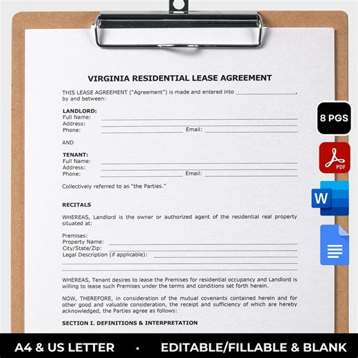 Virginia Rental Agreement Printable Residential Lease Agreement Form Editable Tenancy Agreement Rental Contract Landlord Form Fillable PDF - Etsy