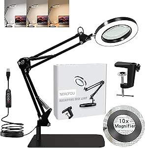 Amazon.com: Nerefou Magnifying Glass with Light and Stand, 10X Magnifying Lamp, 2-in-1 Magnifying Desk Lamp with Clamp, 3 Color Mode, Magnifying Glasses with Light for Close Work (Large Base ＆Clamp)