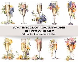 16 Pack Transparent WATERCOLOR Champagne Clip Art - Gold and Pink Champagne Flutes - Champagne Toast - Champagne PNG - Illustrations - Etsy
