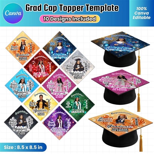Graduation Cap Topper Template Bundle | 10 Designs Included | Canva Editable Grad Cap | Class of 2026 Senior Cap Decoration - Etsy