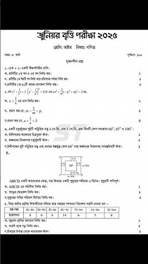 ৮ম শ্রেণির বৃত্তি পরীক্ষার গণিত নমুনা প্রশ্ন ২০২৫