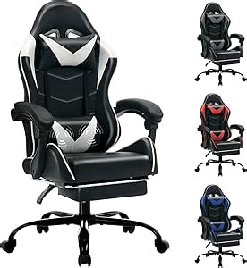 Gaming Chair with Footrest Racing Style Lumbar Support Massager Video Game Chair with Metal Legs, High Back Reclining Gamer Chair with Headrest, 360° Swivel Office Computer Desk Chair (White)