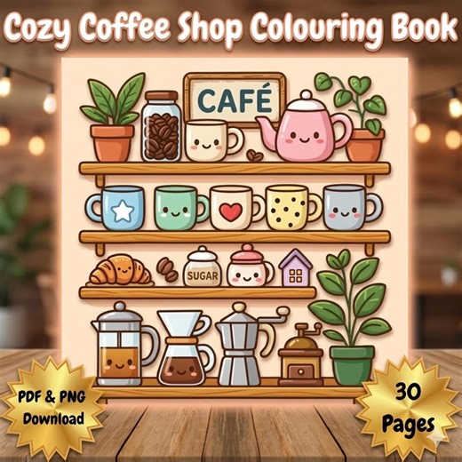 Cozy Coffee Coloring Pages | 30 Kawaii Cafe Printables - Etsy