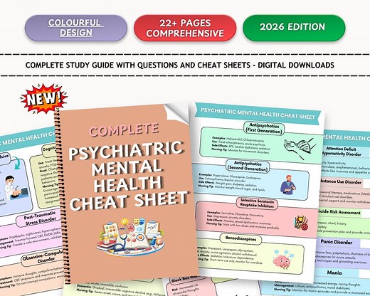 Psychiatric Mental Health Cheat Sheet | 100  Nursing Study Guide | Psychiatry, Anxiety, Depression, Bipolar Schizophrenia Note - Etsy